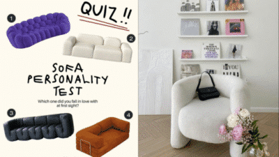 Sofa personality quiz with four stylish sofas and a cozy reading corner with flowers and decor.