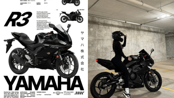 Viewing Deck Blog 2 Yamaha R3 motorcycle advertisement alongside a person sitting on a black Yamaha R3 in a parking garage. | Sky Rye Design Yamaha R3 motorcycle advertisement alongside a person sitting on a black Yamaha R3 in a parking garage.