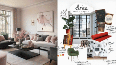 Modern living room with pastel decor and an Aries-themed design board with color and style notes. Cozy, stylish interior.