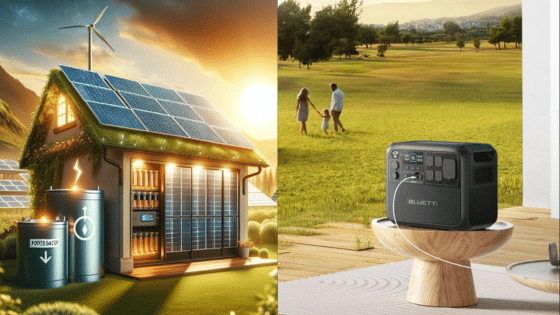 Solar-powered house and portable generator in a scenic landscape, symbolizing sustainable energy solutions.