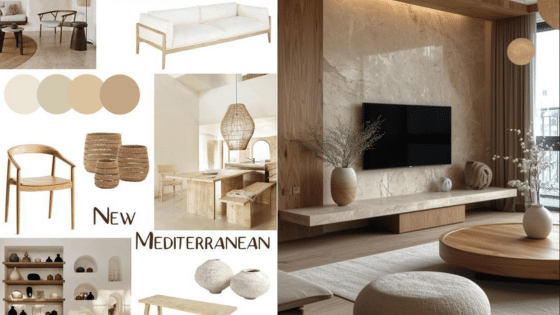 Viewing Deck Blog New Mediterranean interior design collage with neutral colors, modern furniture, and natural textures. | Sky Rye Design New Mediterranean interior design collage with neutral colors, modern furniture, and natural textures.