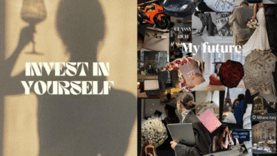 Motivational collage: Invest in yourself, envision future success, luxury, and achievement.