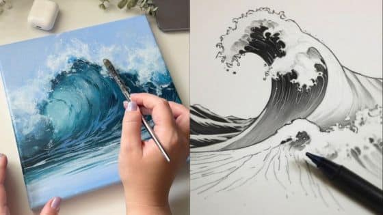 Viewing Deck Blog - 2025-05-02T204250903 Painting and sketching ocean waves; hand painting a blue wave and pen outlining a monochrome wave drawing. | Sky Rye Design Painting and sketching ocean waves; hand painting a blue wave and pen outlining a monochrome wave drawing.