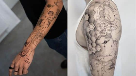 Viewing Deck Blog - 2025-05-02T205844007 Geometric and abstract tattoos on forearm and upper arm, featuring hexagons, lines, and intricate patterns. | Sky Rye Design Geometric and abstract tattoos on forearm and upper arm, featuring hexagons, lines, and intricate patterns.