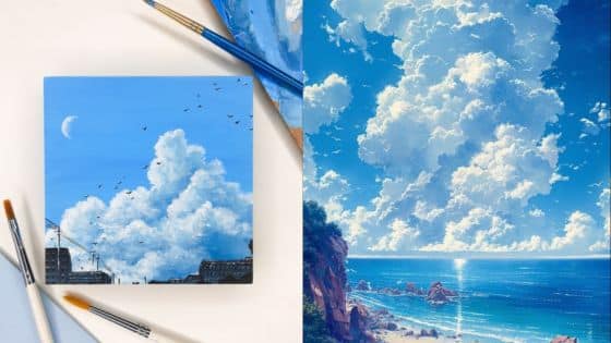 Viewing Deck Blog - 2025-05-04T104013320 Painting and photo of a vibrant blue sky with fluffy clouds, overlooking a beach, brushes nearby. | Sky Rye Design Painting and photo of a vibrant blue sky with fluffy clouds, overlooking a beach, brushes nearby.