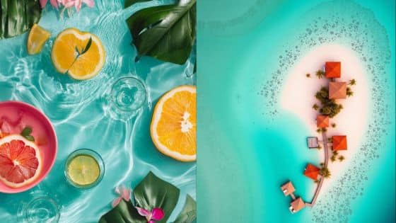 Viewing Deck Blog - 2025-05-04T105910450 Tropical paradise with vibrant citrus fruits and an aerial view of overwater bungalows on a turquoise ocean. | Sky Rye Design Tropical paradise with vibrant citrus fruits and an aerial view of overwater bungalows on a turquoise ocean.