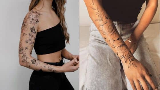 Viewing Deck Blog - 2025-05-05T211833153 Two women display intricate floral tattoos on their arms, highlighting detailed botanical designs on skin. | Sky Rye Design Two women display intricate floral tattoos on their arms, highlighting detailed botanical designs on skin.