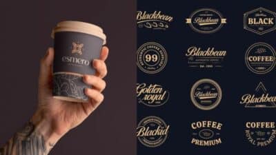 Hand holding a branded coffee cup alongside various vintage coffee logo designs on a dark background.