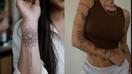 Viewing Deck Blog - 2025-05-09T223623671 Two women showcasing tattoos: one with a floral forearm design; the other with various small tattoos on arms and torso. | Sky Rye Design Two women showcasing tattoos: one with a floral forearm design; the other with various small tattoos on arms and torso.