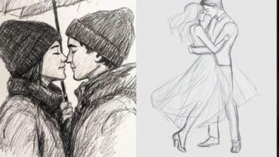 Romantic couple sketches: one under an umbrella, another dancing embrace. Black and white pencil art.