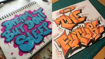 Graffiti-style sketches with messages: Dream but don't sleep and The Future in vibrant colors.