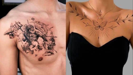Viewing Deck Blog - 2025-05-14T201023599 Two chest tattoos: one with a detailed Poseidon design, the other with a butterfly and floral elements, both on bare skin. | Sky Rye Design Two chest tattoos: one with a detailed Poseidon design, the other with a butterfly and floral elements, both on bare skin.
