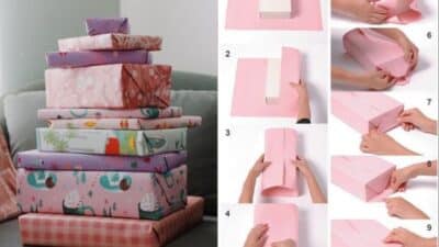 Stack of wrapped gifts with colorful paper next to step-by-step gift wrapping guide using pink paper.