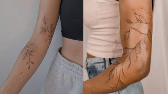 Viewing Deck Blog - 2025-05-16T193120797 Delicate botanical tattoos on women's arms, showcasing elegant leaf designs. | Sky Rye Design Delicate botanical tattoos on women's arms, showcasing elegant leaf designs.