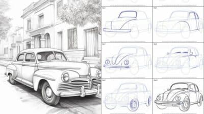 Vintage car sketch on a street, with a step-by-step tutorial on drawing a classic car in nine panels.