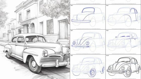 Viewing Deck Blog - 2025-05-16T195422282 Vintage car sketch on a street, with a step-by-step tutorial on drawing a classic car in nine panels. | Sky Rye Design Vintage car sketch on a street, with a step-by-step tutorial on drawing a classic car in nine panels.