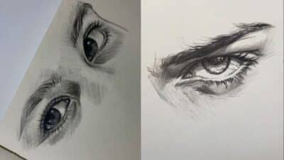 Sketches of realistic eyes with detailed shading, showcasing artistic pencil drawing techniques.