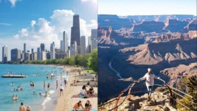 Left: People enjoy Chicago's lakeside beach under a clear sky. Right: Person overlooks the majestic Grand Canyon landscape.