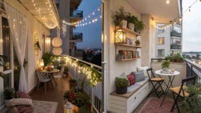 Cozy balcony with string lights, plants, and seating, perfect for relaxing evenings in an urban setting.