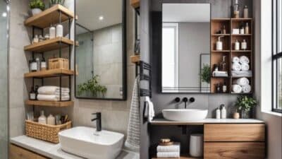 Modern bathroom design with floating shelves, vanity unit, mirror, and elegant decor in a neutral color palette.