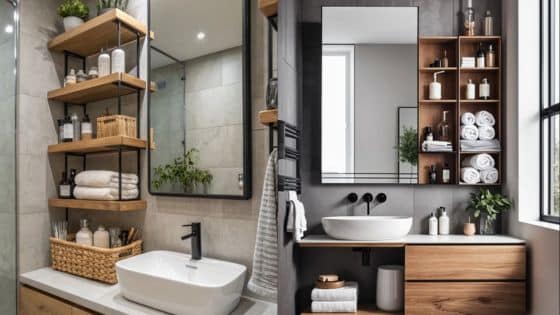 Viewing Deck Blog - 2025-05-19T202121033 Modern bathroom design with floating shelves, vanity unit, mirror, and elegant decor in a neutral color palette. | Sky Rye Design Modern bathroom design with floating shelves, vanity unit, mirror, and elegant decor in a neutral color palette.