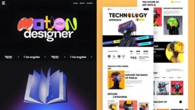 Bold website designs showcasing motion graphics and technology innovations with a futuristic aesthetic and colorful visuals.