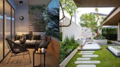 Modern cozy patio and lush garden, perfect for relaxing outdoor living.