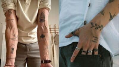 Forearm tattoos display minimalist designs on both arms, adorned with black ink illustrations and symbols.