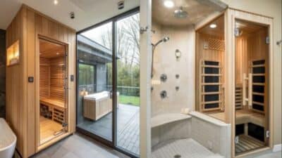 Modern home spa with wooden sauna and glass door, next to a tiled shower room with multiple shower heads.