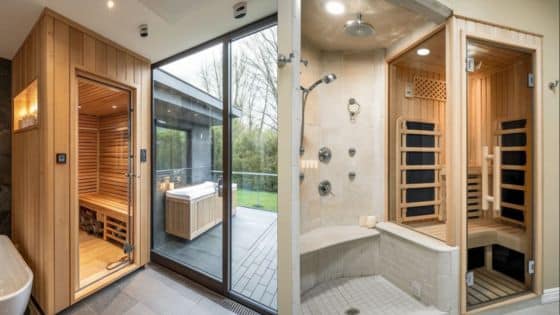 Viewing Deck Blog - 2025-05-22T212415871 Modern home spa with wooden sauna and glass door, next to a tiled shower room with multiple shower heads. | Sky Rye Design Modern home spa with wooden sauna and glass door, next to a tiled shower room with multiple shower heads.