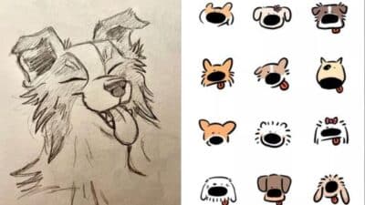Sketch of a smiling dog on the left; various cartoon dog faces with different expressions on the right.