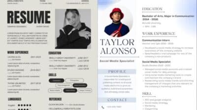 Two professional resume designs for graphic design and social media specialist roles.