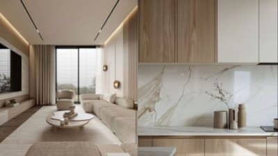 Modern minimalist living room and kitchen with light wood accents, beige sofas, and marble textures.