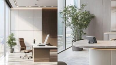 Modern office interior with large windows, sleek furniture, and green plants, offering a bright and inviting workspace.