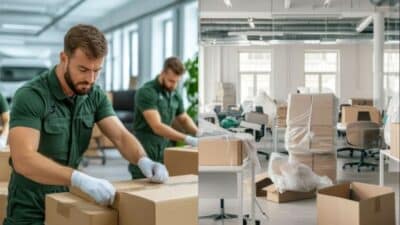 Movers packing and organizing office supplies in a modern workspace environment.
