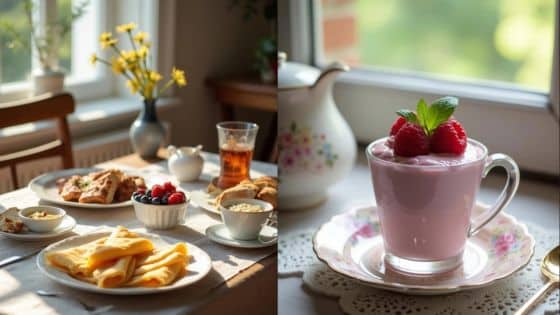 Viewing Deck Blog - 2025-05-26T011634932 Cozy breakfast setup with pancakes, tea, pastries, and a raspberry smoothie on a sunlit table near a window. | Sky Rye Design Cozy breakfast setup with pancakes, tea, pastries, and a raspberry smoothie on a sunlit table near a window.