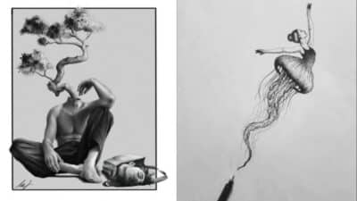 Surreal artwork: headless man with a tree and a ballerina with jellyfish skirt. Black and white illustration.