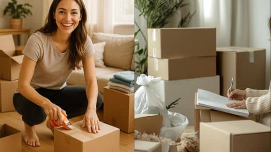 Viewing Deck Blog - 2025-05-27T181538188 Woman packing and sealing moving boxes; checklist and household items visible in cozy home setting. | Sky Rye Design Woman packing and sealing moving boxes; checklist and household items visible in cozy home setting.