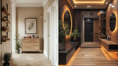 Modern hallway designs with plants, wooden furniture, and ambient lighting.
