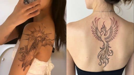 Viewing Deck Blog - 2025-05-28T204917025 Two women showcase tattoos: one with a sun-themed arm tattoo, the other with a phoenix back tattoo. | Sky Rye Design Two women showcase tattoos: one with a sun-themed arm tattoo, the other with a phoenix back tattoo.