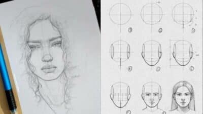 Pencil sketches of a woman's face and a step-by-step guide for drawing heads and faces on paper.