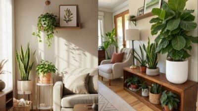 Cozy living room with houseplants, including snake plants and a fiddle leaf fig, adding natural decor and greenery.