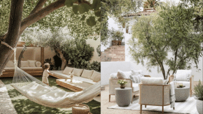 Serene backyard oasis with hammock, seating, lush greenery, and child playing; perfect for relaxation and gatherings.