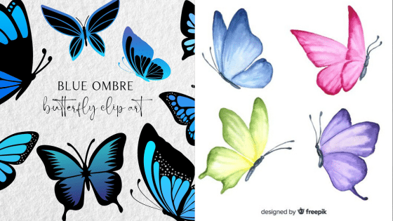 Blue and colorful butterfly clip art collection featuring vibrant designs for creative projects.