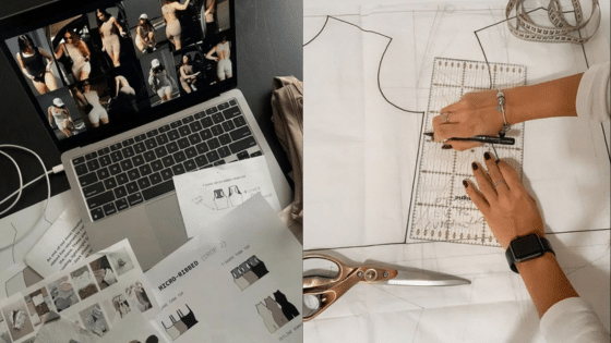 Viewing Deck Blog 22 Fashion design process: Sketches, laptop display, and pattern drafting with tools on a workspace. | Sky Rye Design Fashion design process: Sketches, laptop display, and pattern drafting with tools on a workspace.
