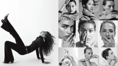 Stylish black and white fashion collage featuring diverse models in chic poses, highlighting elegance and modernity.