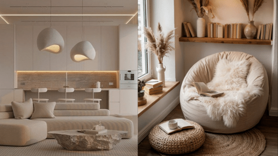 Viewing Deck Blog Modern minimalist living room with neutral tones, cozy textures, and stylish lighting. | Sky Rye Design Modern minimalist living room with neutral tones, cozy textures, and stylish lighting.