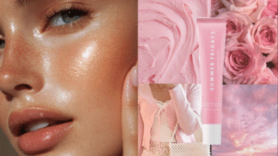 Radiant skin beauty collage with glossy makeup, pink roses, skincare product, and soft pastel aesthetics.
