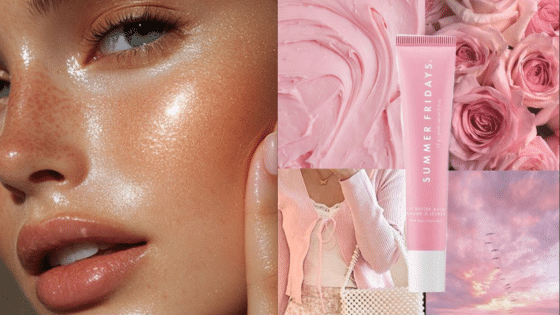 Radiant skin beauty collage with glossy makeup, pink roses, skincare product, and soft pastel aesthetics.
