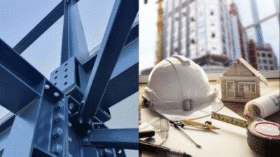 Steel beams and construction tools with a hard hat, blueprint, pencil, and model house, with a building in the background.